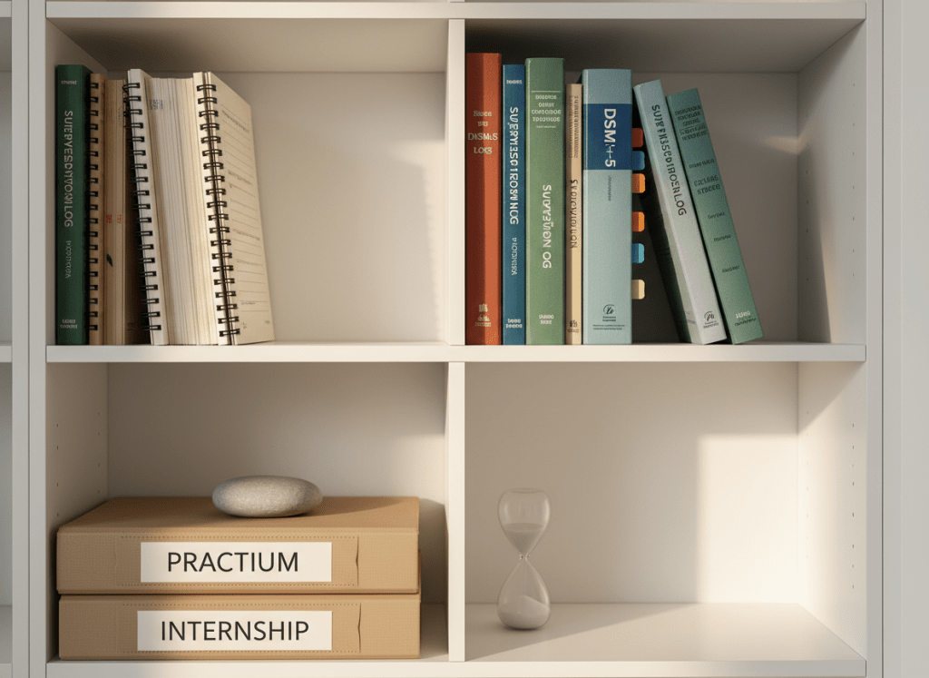 An inviting counseling resource shelf filled with carefully arranged materials: spiral-bound supervision logs, thick DSM and ethics manuals with tabbed sections, neatly labeled binders for practicum and internship, and a few thoughtfully placed mindfulness objects like a smooth river stone and a small hourglass. The shelves are matte white, contrasting with the muted earth tones of book spines and folders. Soft, diffused afternoon light filters from the right, creating subtle highlights along the edges of the books and gentle shadows in the shelf recesses. Shot straight-on with a sharp, documentary-style focus, the composition uses the rule of thirds to emphasize the balance between academic rigor and reflective practice. The photographic realism and orderly arrangement evoke professionalism, steadiness, and growing counselor identity.