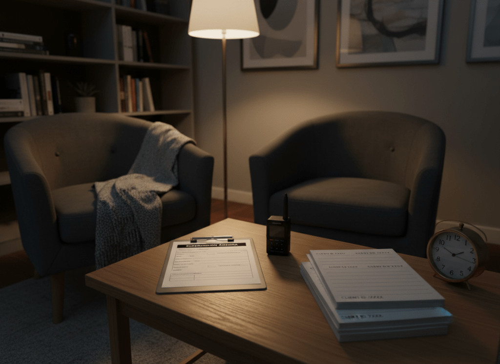 A quiet supervision corner in an office, without any people present, featuring two upholstered chairs angled toward each other with a low oak table between them. On the table lies a supervision agenda form on a clipboard, a digital voice recorder, and a neatly stacked set of counseling case notes, all carefully anonymized. A soft gray throw blanket is folded over one chair’s arm, and a small analog clock sits at the edge of the table, its hands clearly visible. Warm, indirect lamp light from a shaded floor lamp creates a gentle pool of illumination, leaving the rest of the room in a soft, calming dimness. Photographed from a slightly low, three-quarter angle, the scene feels confidential, ethical, and reflective, embodying the professional, developmental atmosphere of counselor supervision.